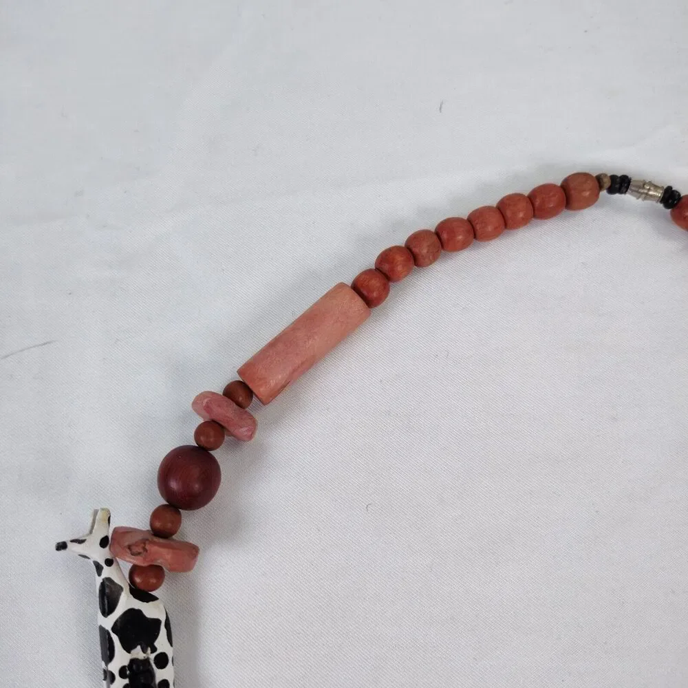 Vintage Carved Wood Chunky Necklace 26in Zebra Giraffe African Safari